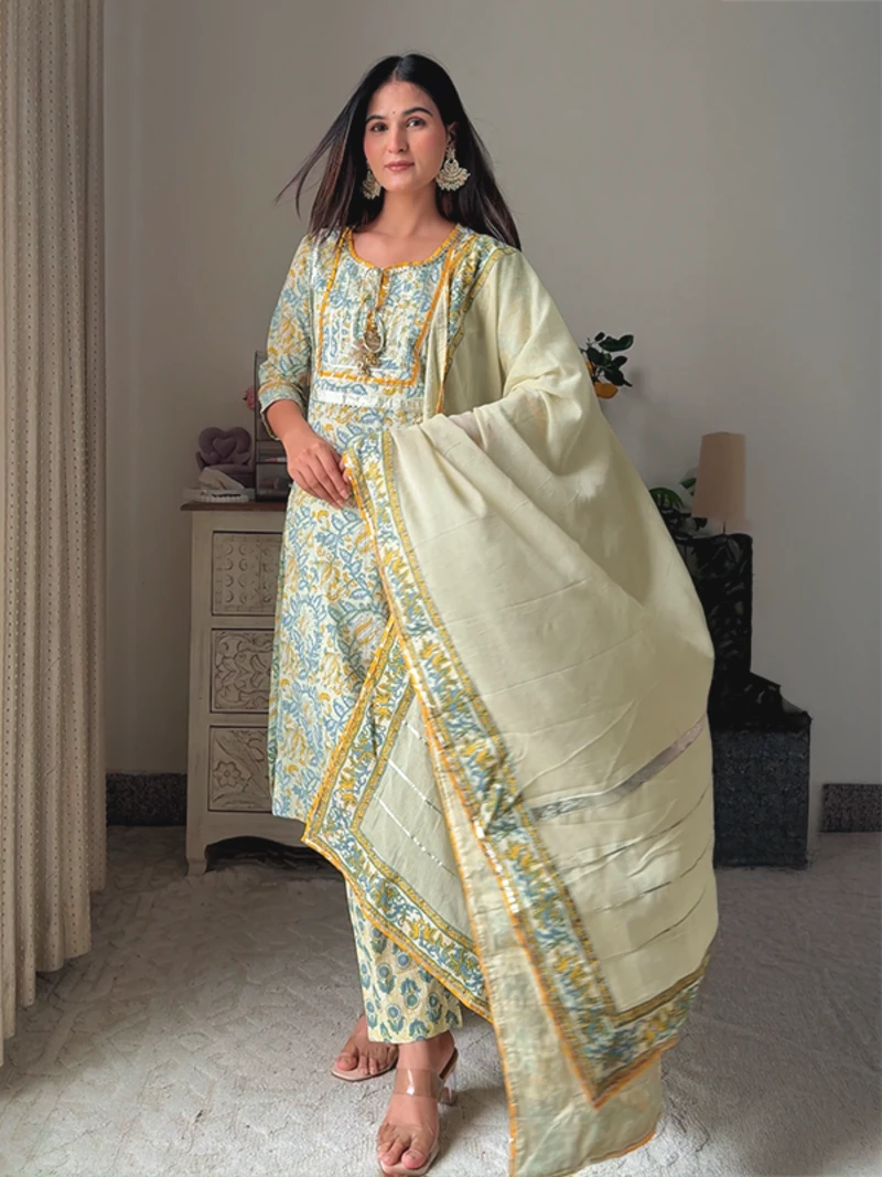 Yellow Floral Print Cotton Kurta Set