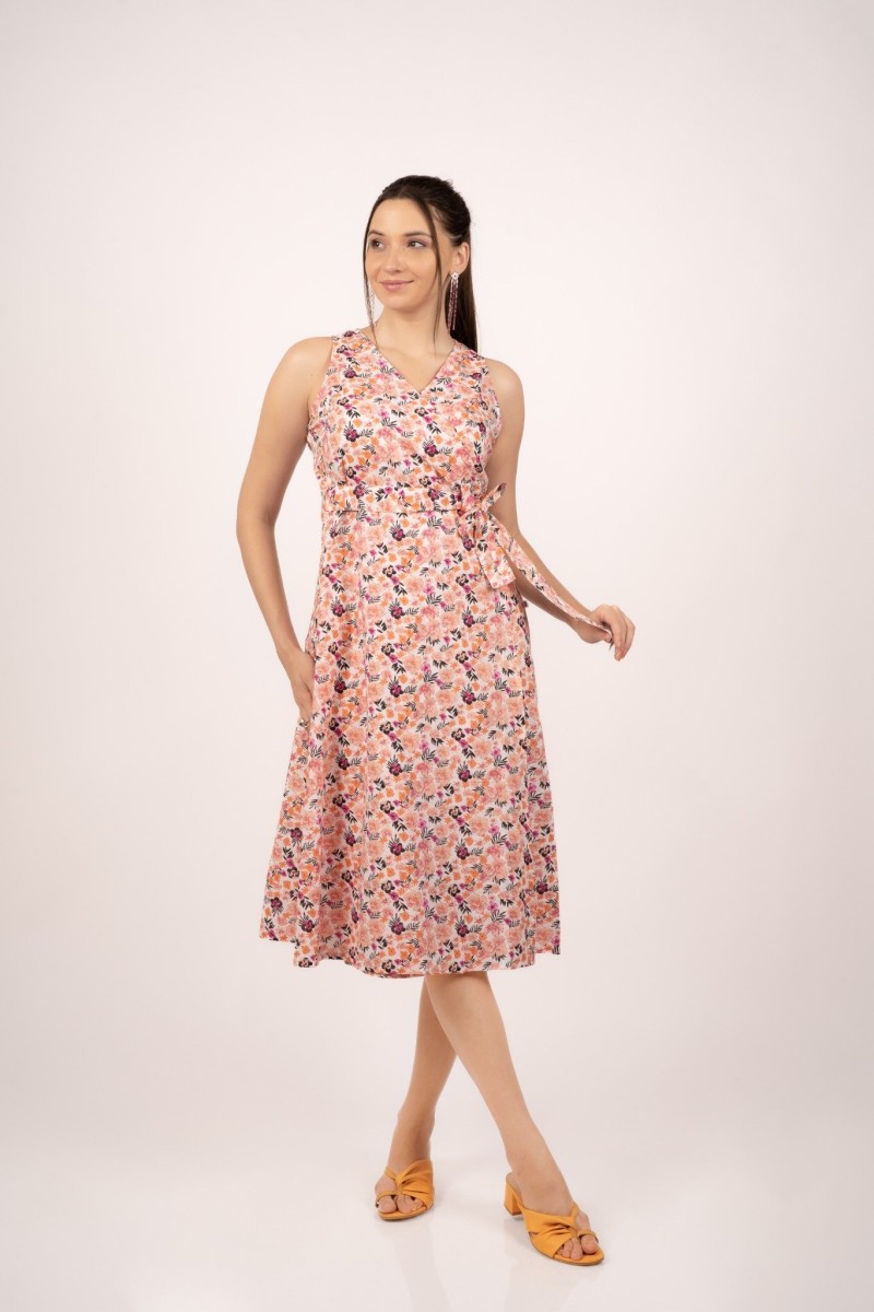 Peach Wrap-Style Floral Print Cotton Dress
