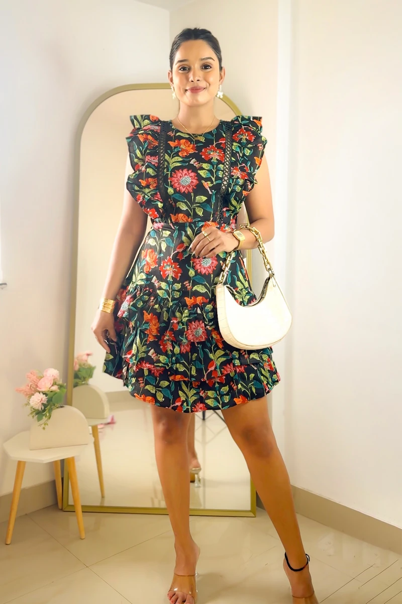 Black Floral Cotton Dress With Frill Detailing