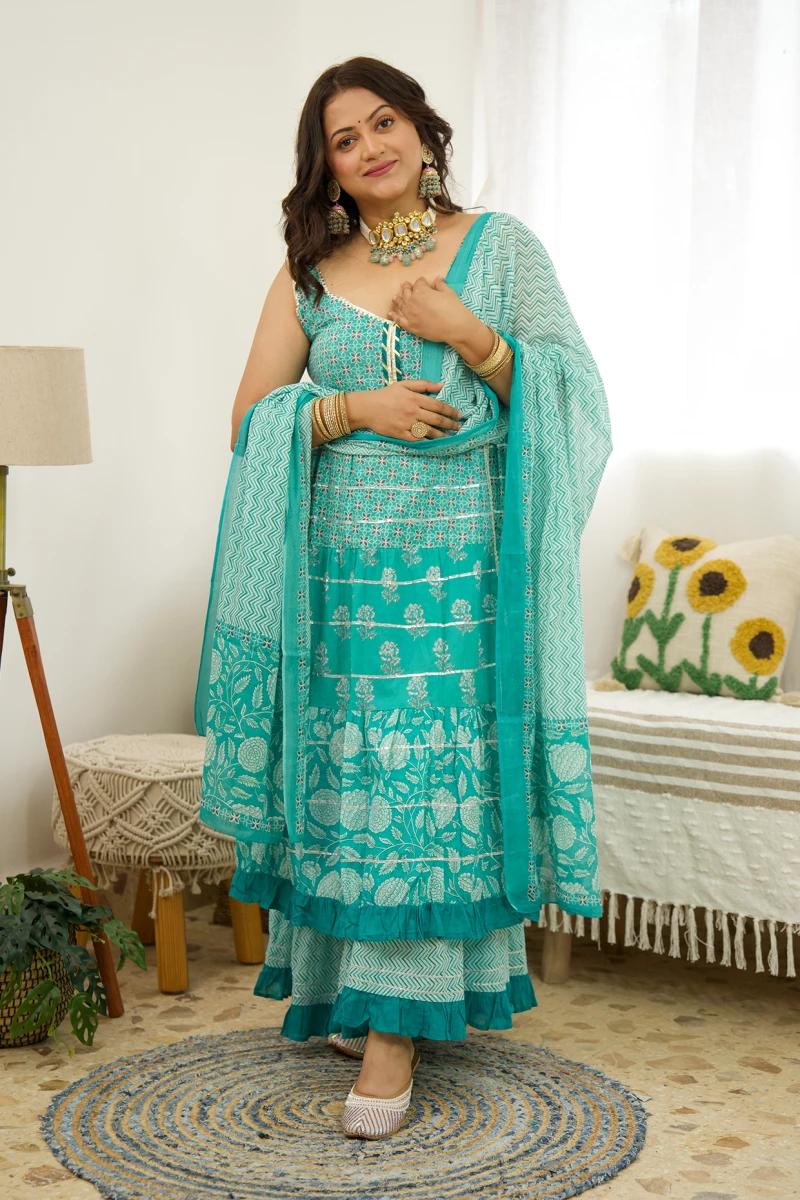 Green Floral Printed Cotton Sharara Set With Dupatta