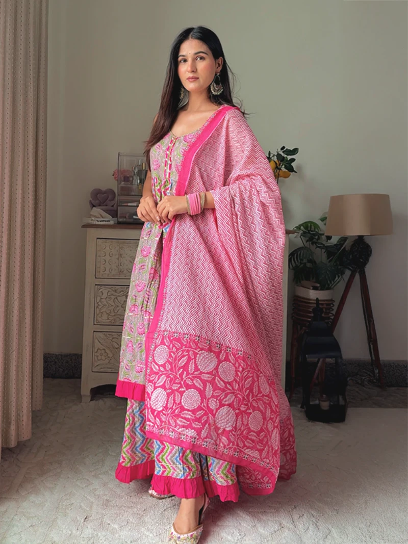 Pink Floral Printed Cotton Sharara Suit With Dupatta
