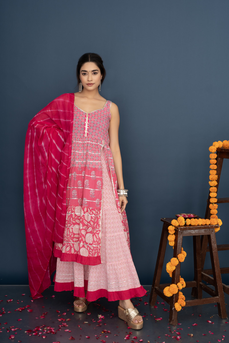 Pink Floral Printed Cotton Sharara Set With Dupatta