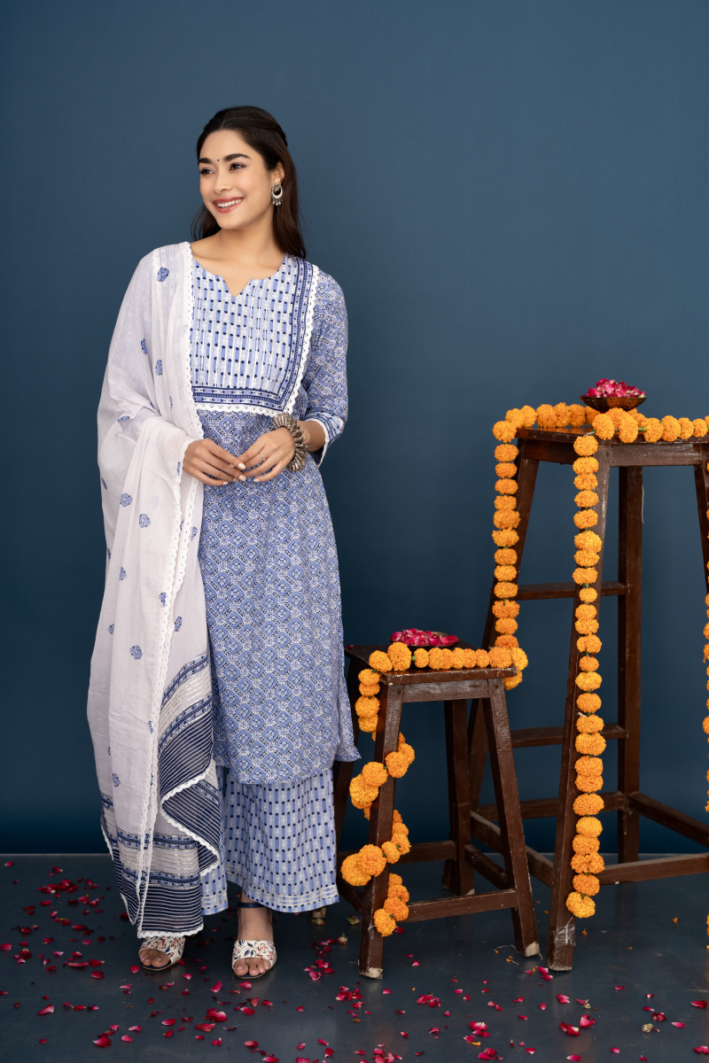 Blue Yoke-Printed Cotton Kurta With Dupatta Set