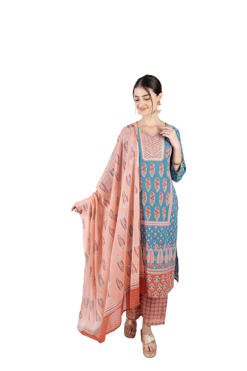 Blue Floral Printed Cotton Embellished Kurta Set With Dupatta