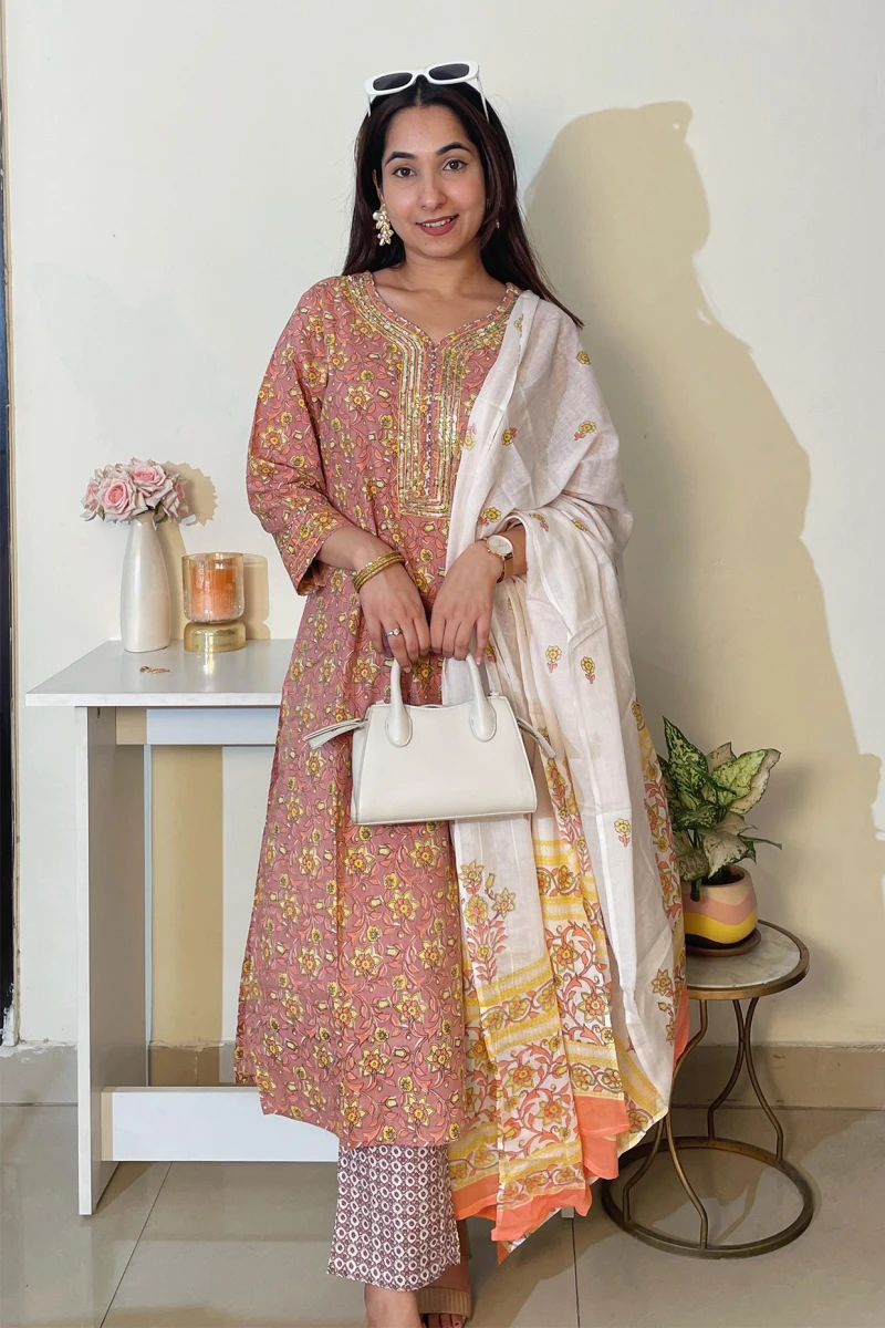 Brown Floral Print Cotton Kurta With Dupatta Set