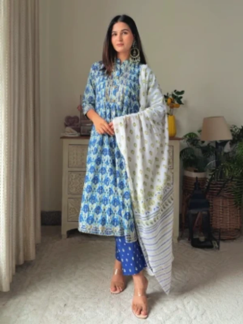 Blue Ikat Printed Gota Patti Cotton Kurta Set With Dupatta