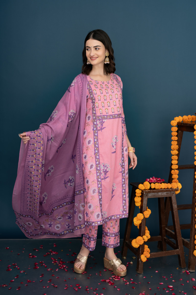 Pink Printed Cotton Embellished Kurta Set With Dupatta