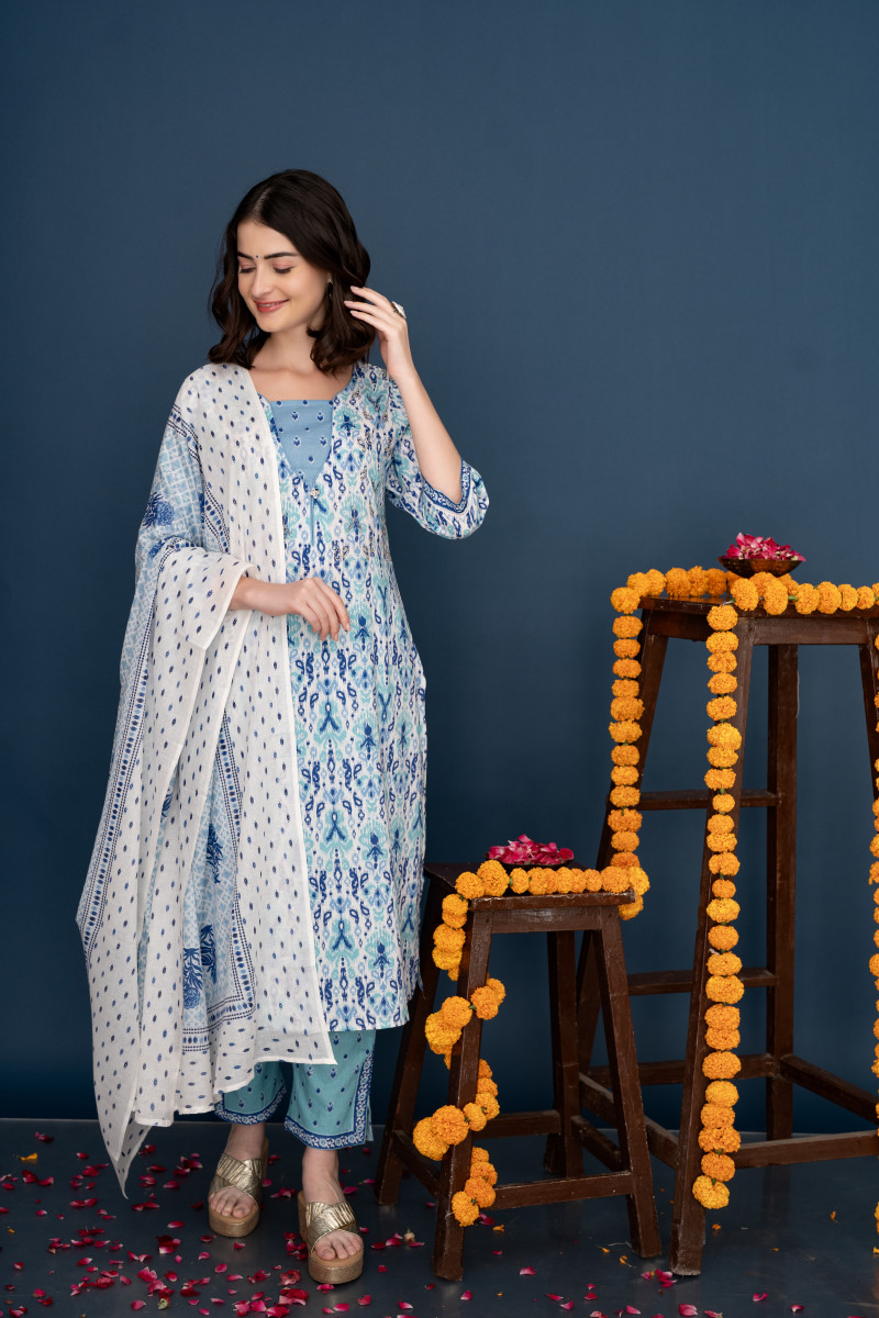 Blue Ikat Printed Cotton Embellished Kurta Set With Dupatta