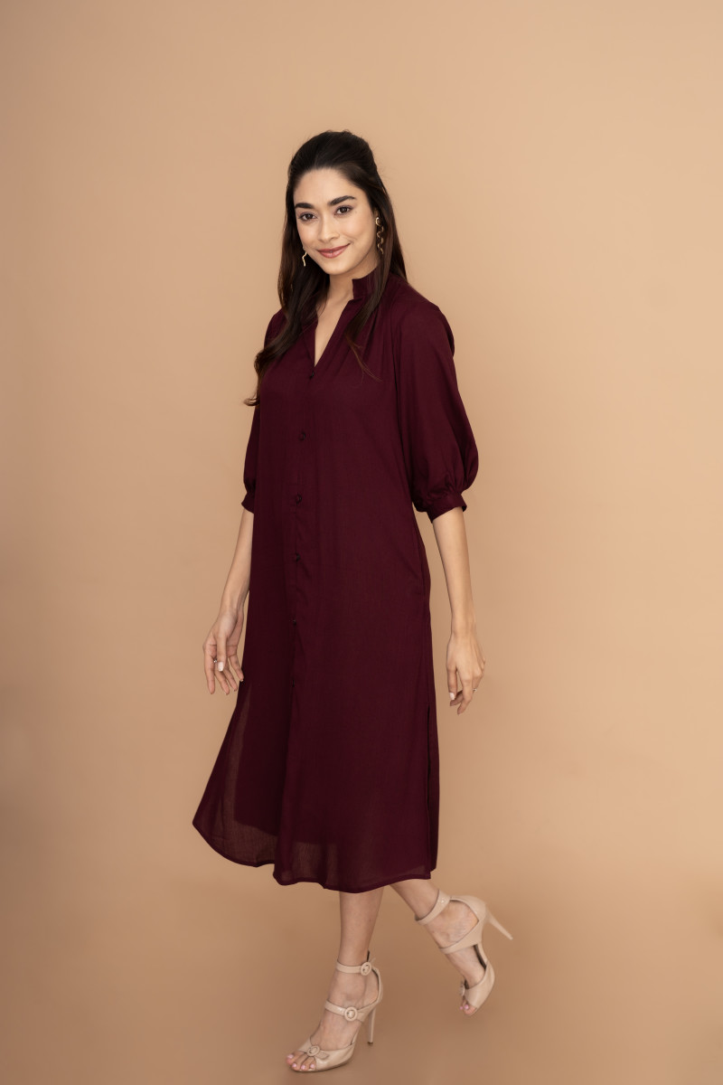 Burgundy Rayon Shirt Dress With Bishop Sleeves