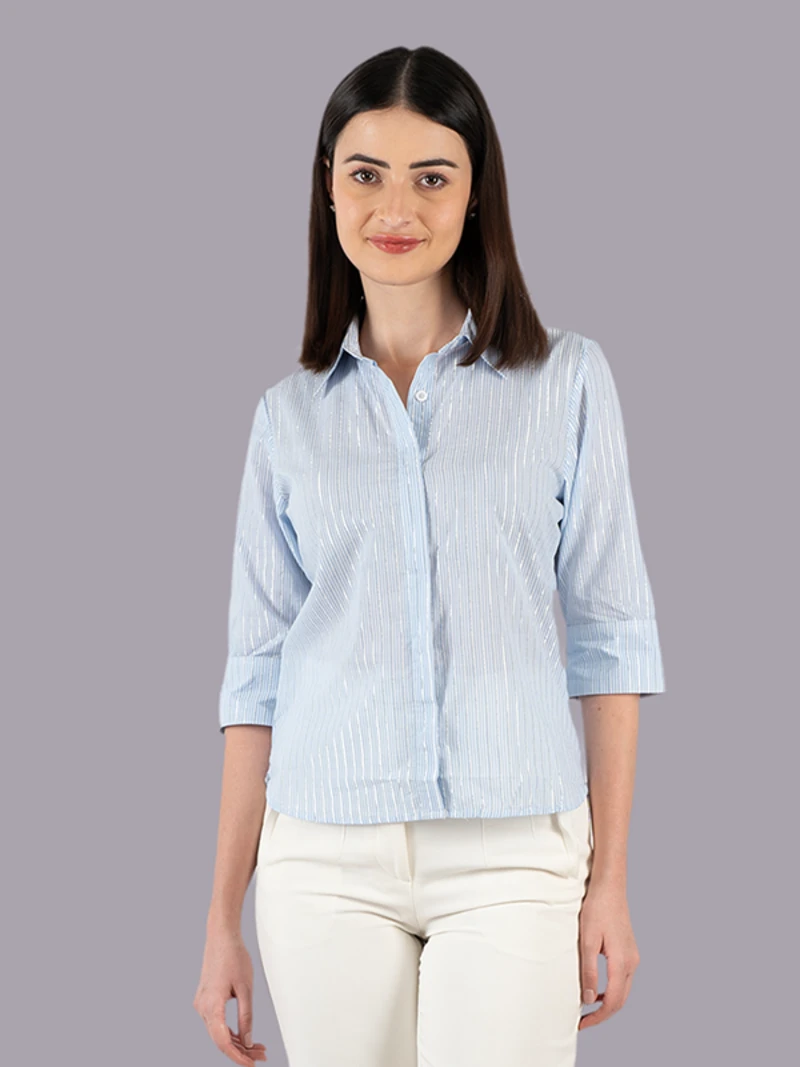 Blue Striped Shirt With Classic Collar Fit