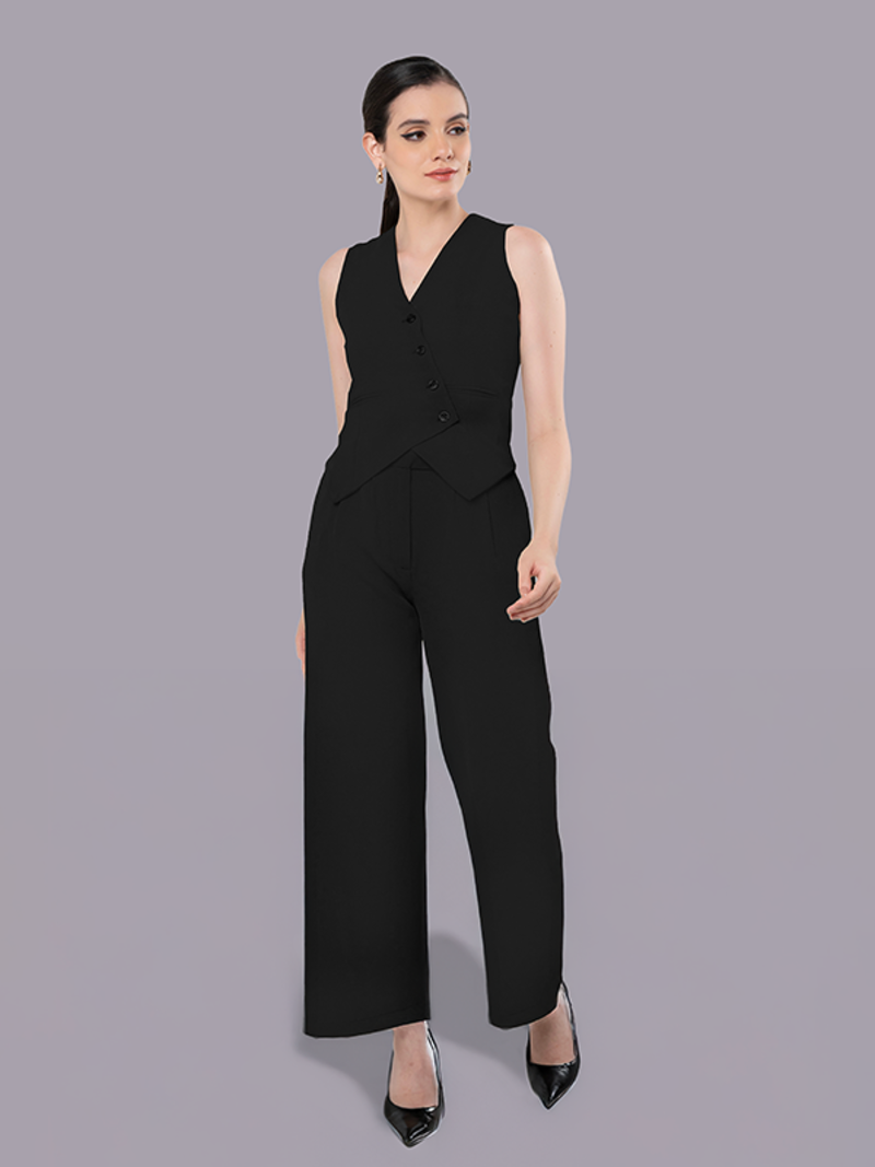 Black Asymmetric Waistcoat With Flared Pant Set t