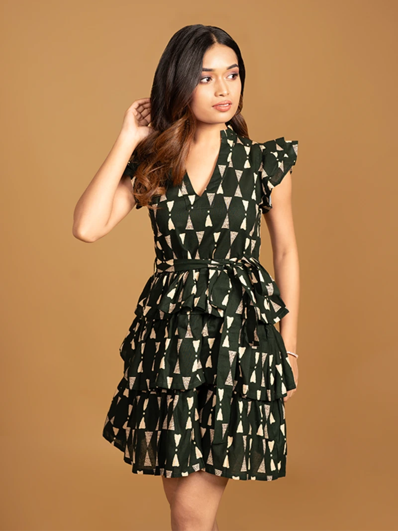 Green Printed Cotton Layered Mini Dress