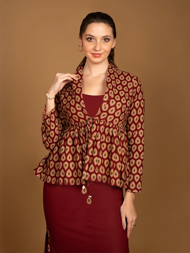 Maroon Printed Cotton Shrug With Full Sleeve