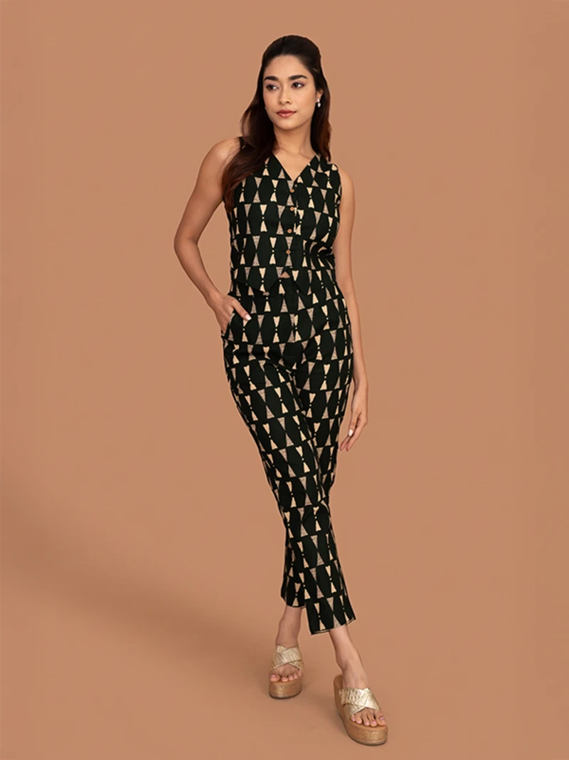 Green Printed Waistcoat And Trousers Cotton Co-Ords