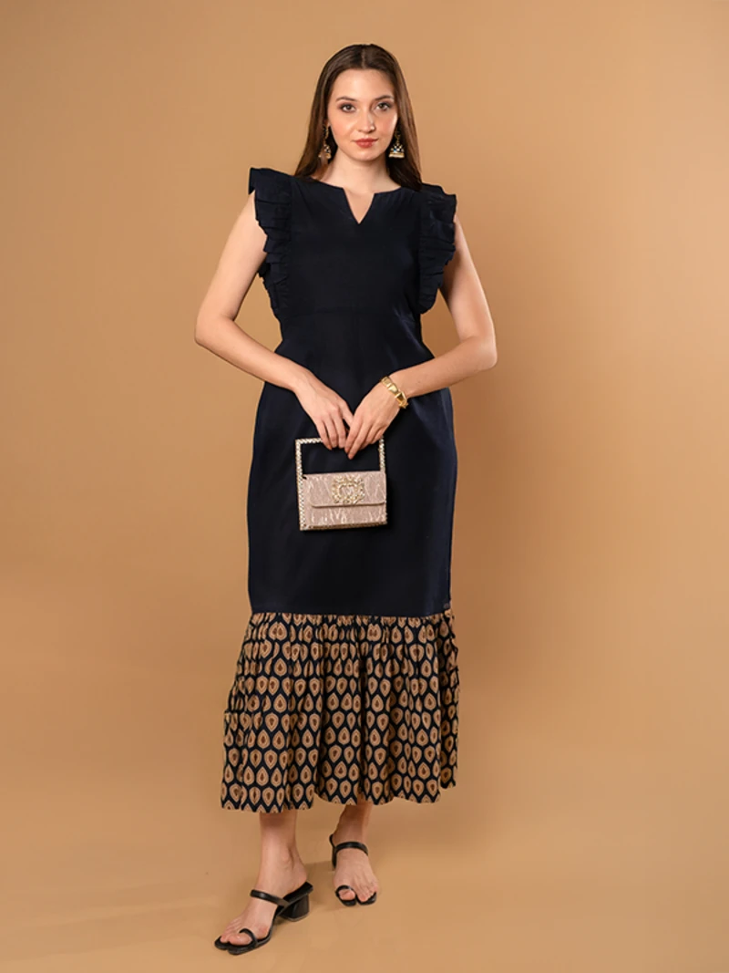 Blue Cotton Fit And Flare Dress