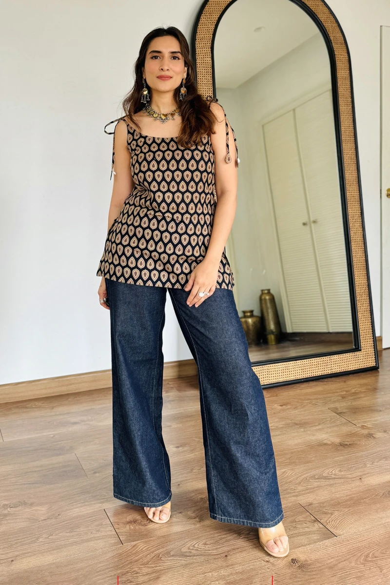 Blue Printed Tie-Up Cotton Kurti With Flare