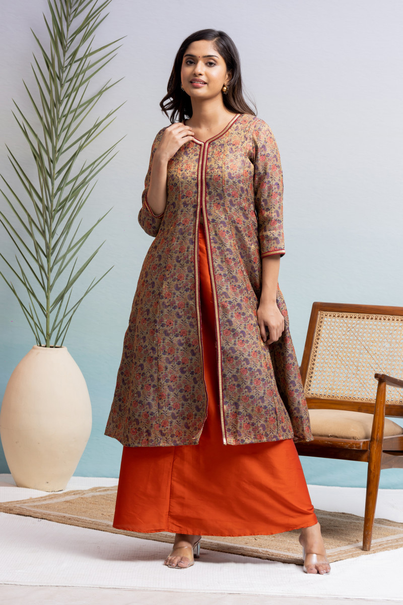 Green & Orange Flared Slit Kurta With Orange Skirt 2 Pcs Set