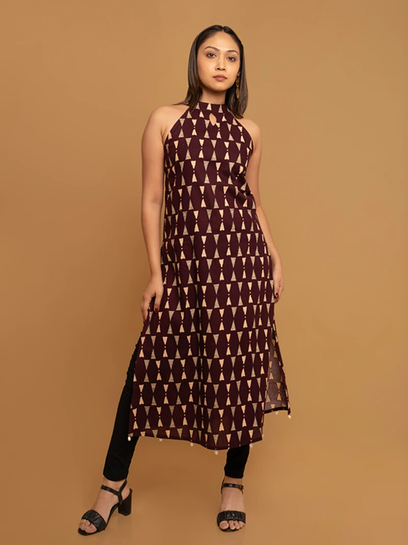 Maroon Printed Cotton Halter Neck Kurta