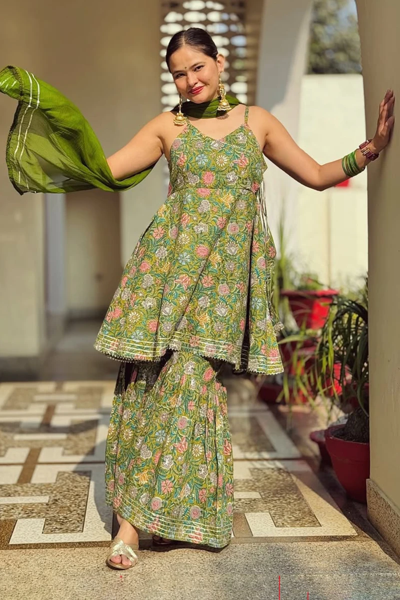 Green Floral Print Sharara Set With Ethnic Charm
