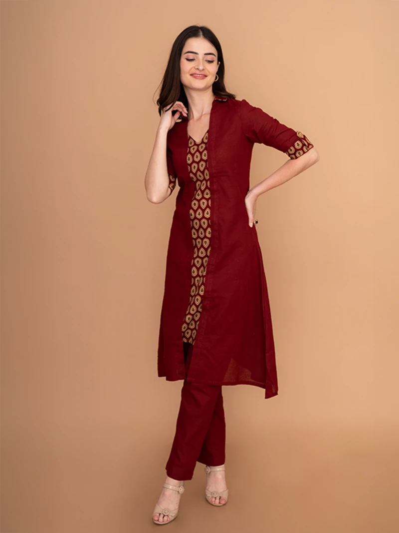 Maroon Cotton A-Line Kurta Pant Set