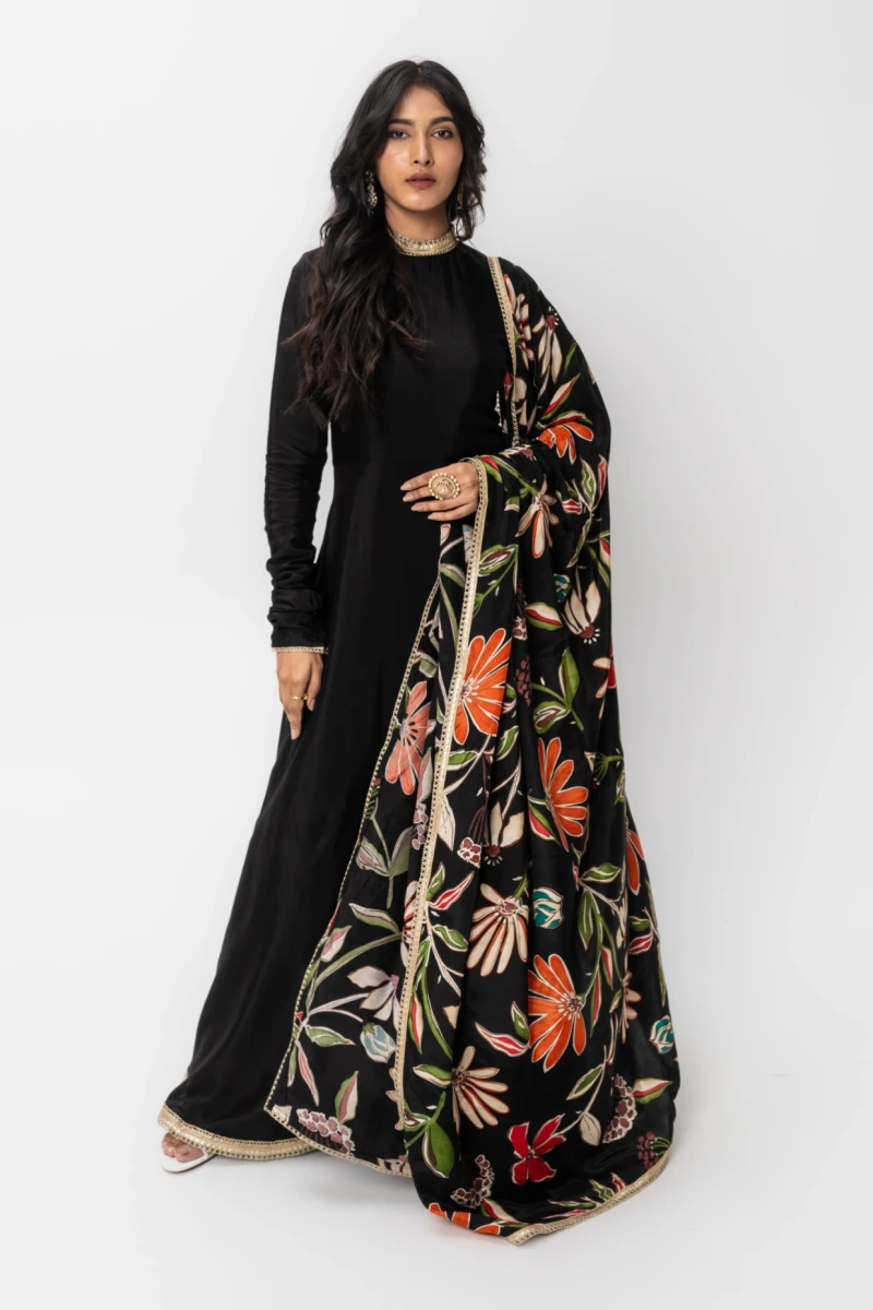 Black Long Anarkali Dress With Floral Printed Dupatta