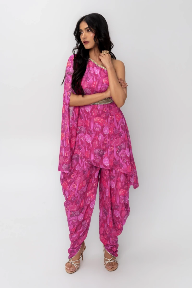 Pink Asymmetric Kurta With Dhoti Pants