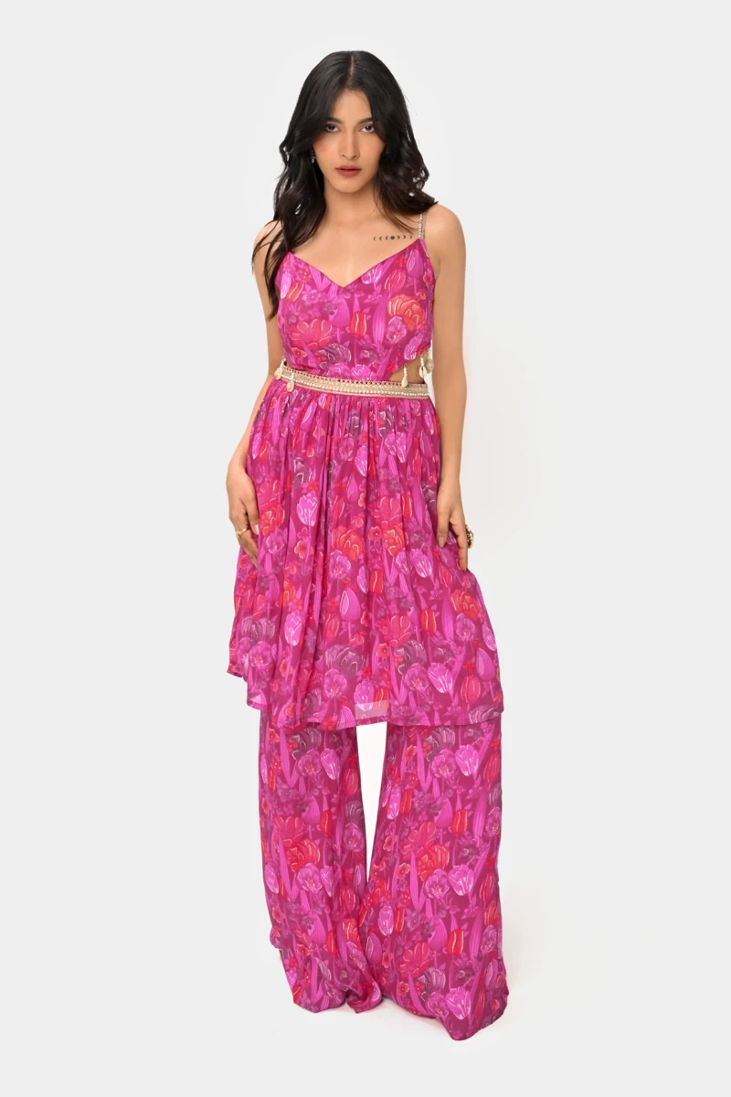 Pink Floral Printed Kurta With Flared Pants
