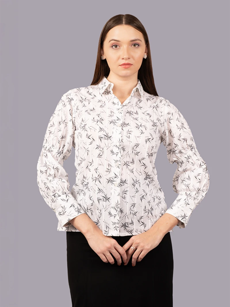 White Printed Cotton Formal Shirt
