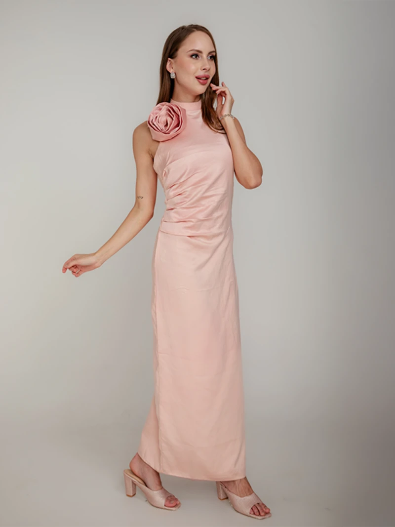 Peach Halter Neck Satin Dress With Elegant Drape