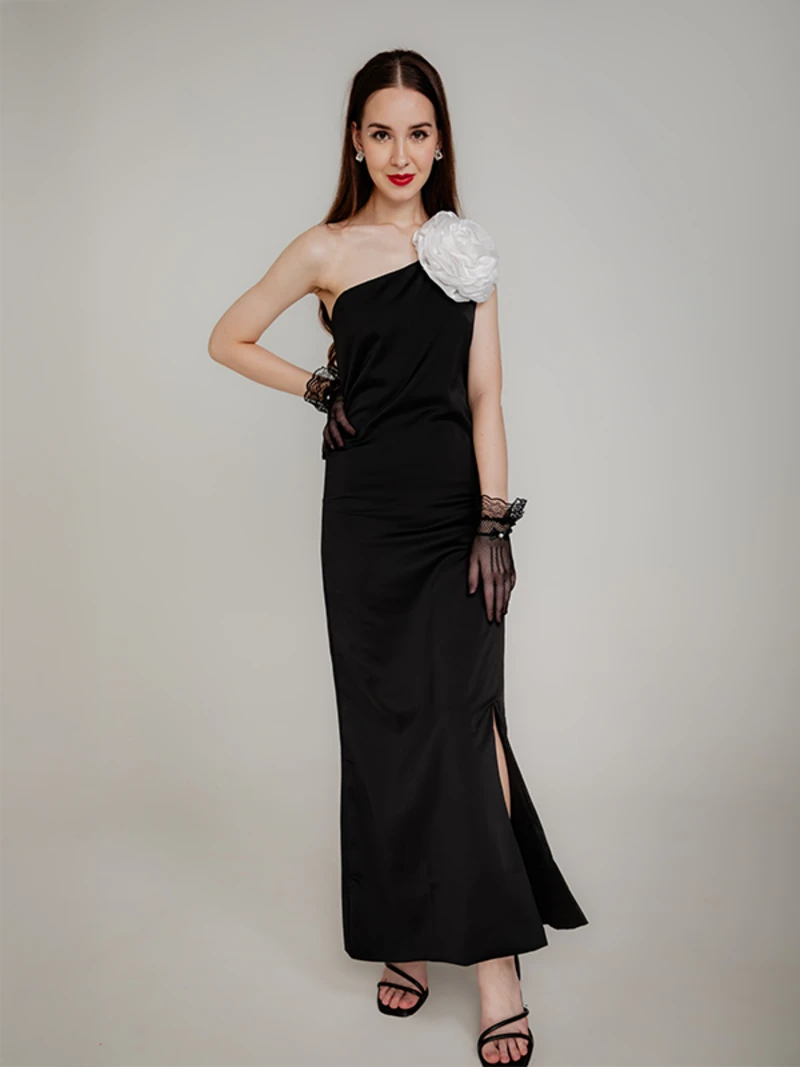 Black One-Shoulder Satin Maxi Dress With Corsage