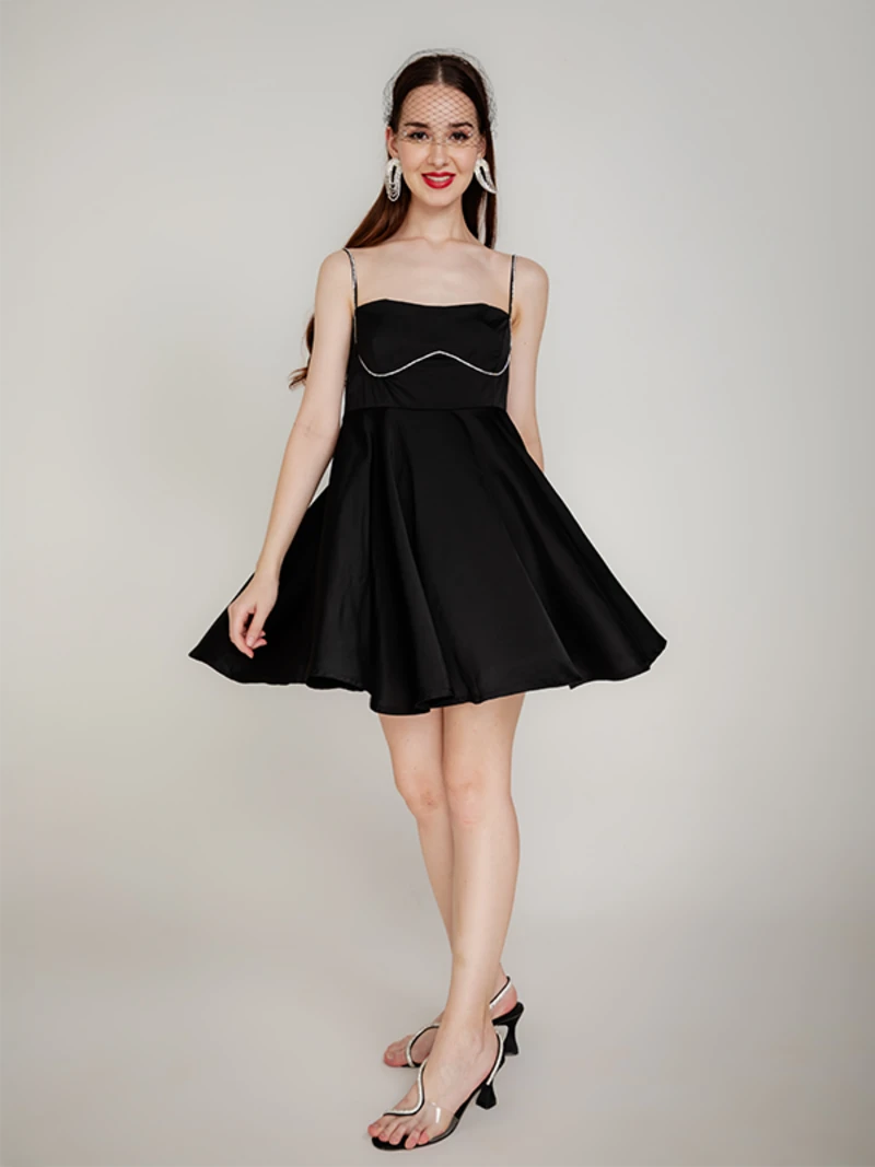 Black Satin Mini Dress With Rhinestone Lace