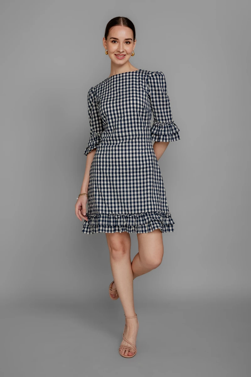 Blue Checked Cotton Formal Dress With Workwear Appeal