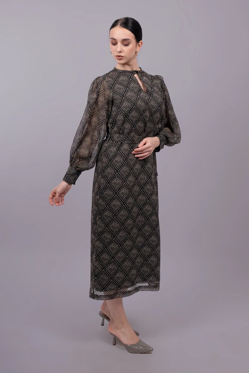 Black Formal Balloon Sleeve Long Straight-Fit Dress