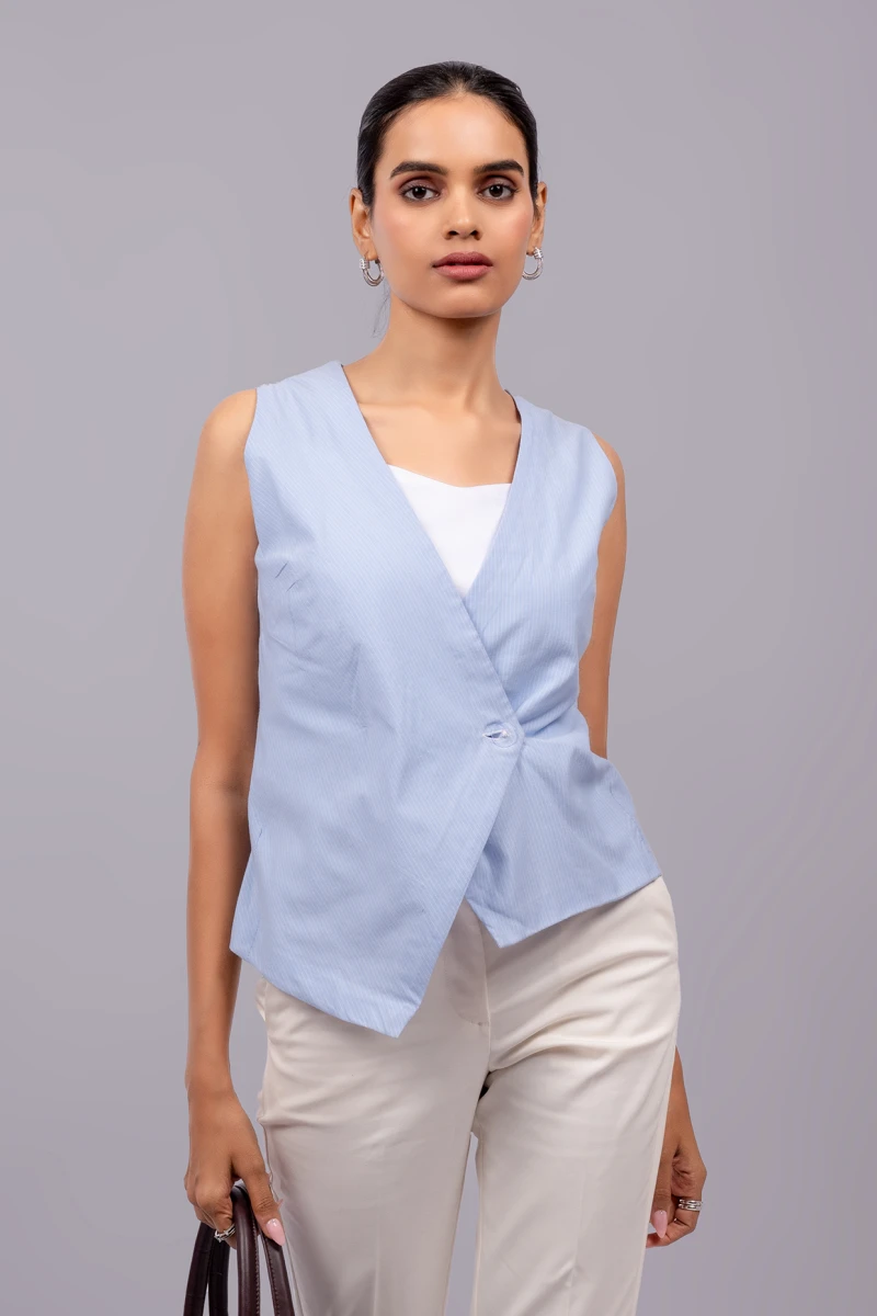 Blue Formal Sleeveless V Neck Waistcoat Top