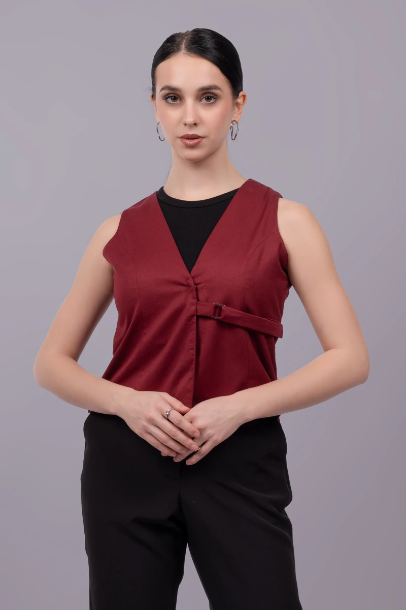 AP	Maroon Formal Sleeveless Waistcoat Top With Side Buckles