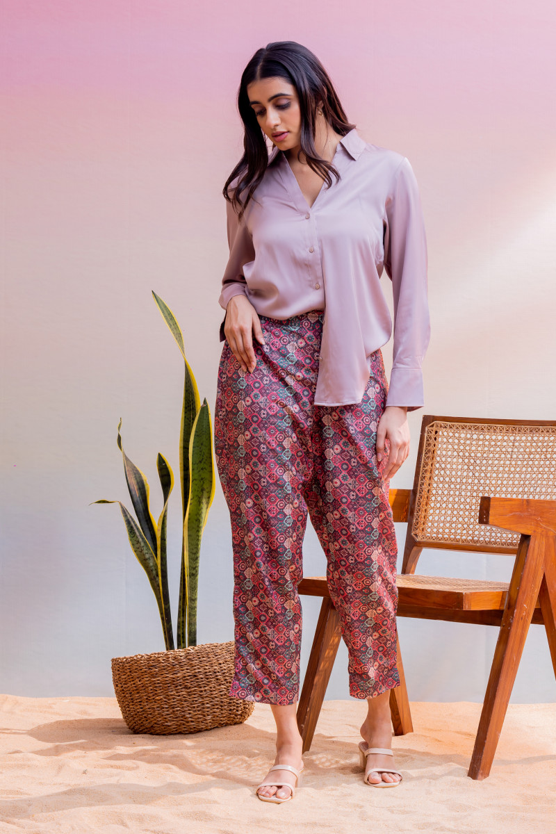 Maroon Cotton Silk Straight Pants For Women