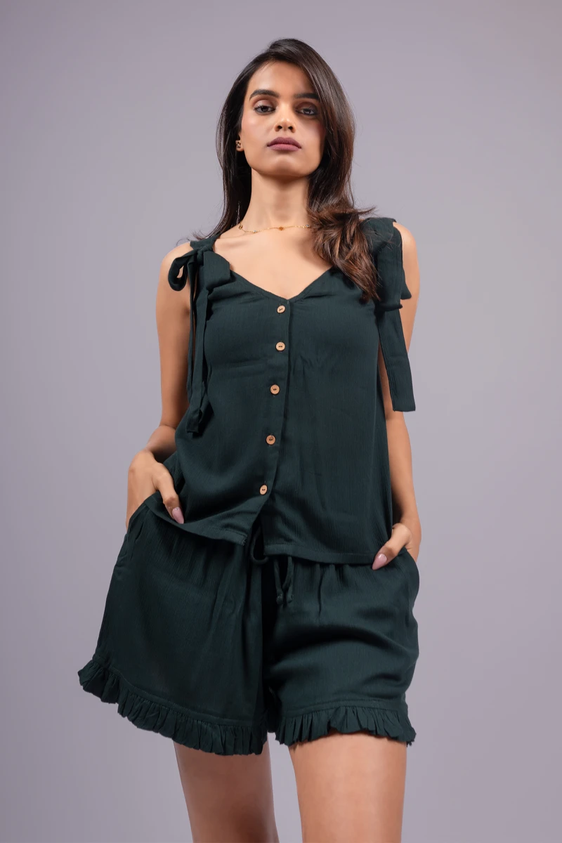 Dark Green Viscose Cami Top and Shorts Set