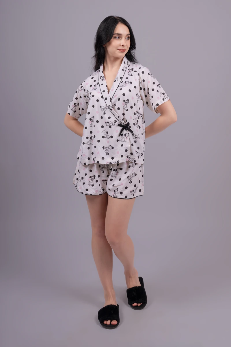 White Printed Shawl Collar Cotton Sleepwear Set