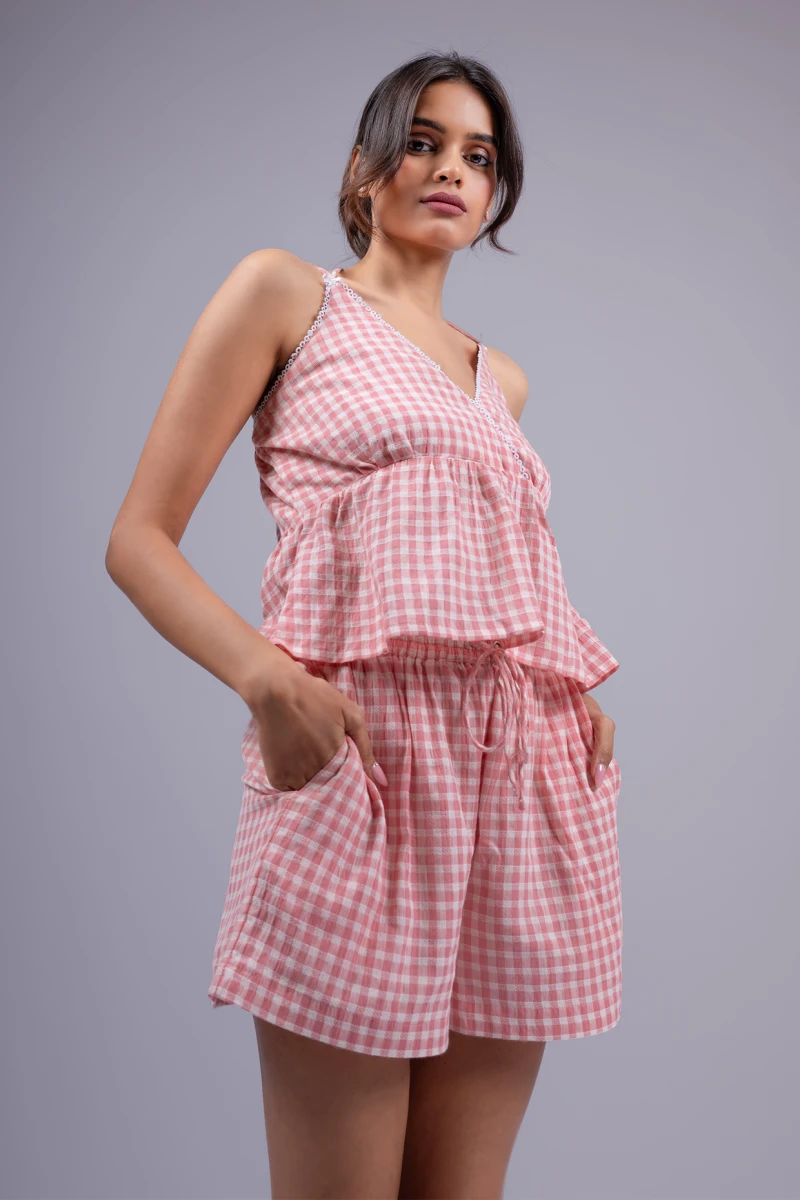 Pink Checked cotton cami top and shorts set