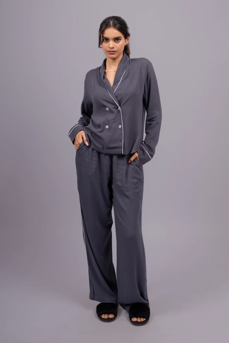 Grey Solid Viscose Pajamas
