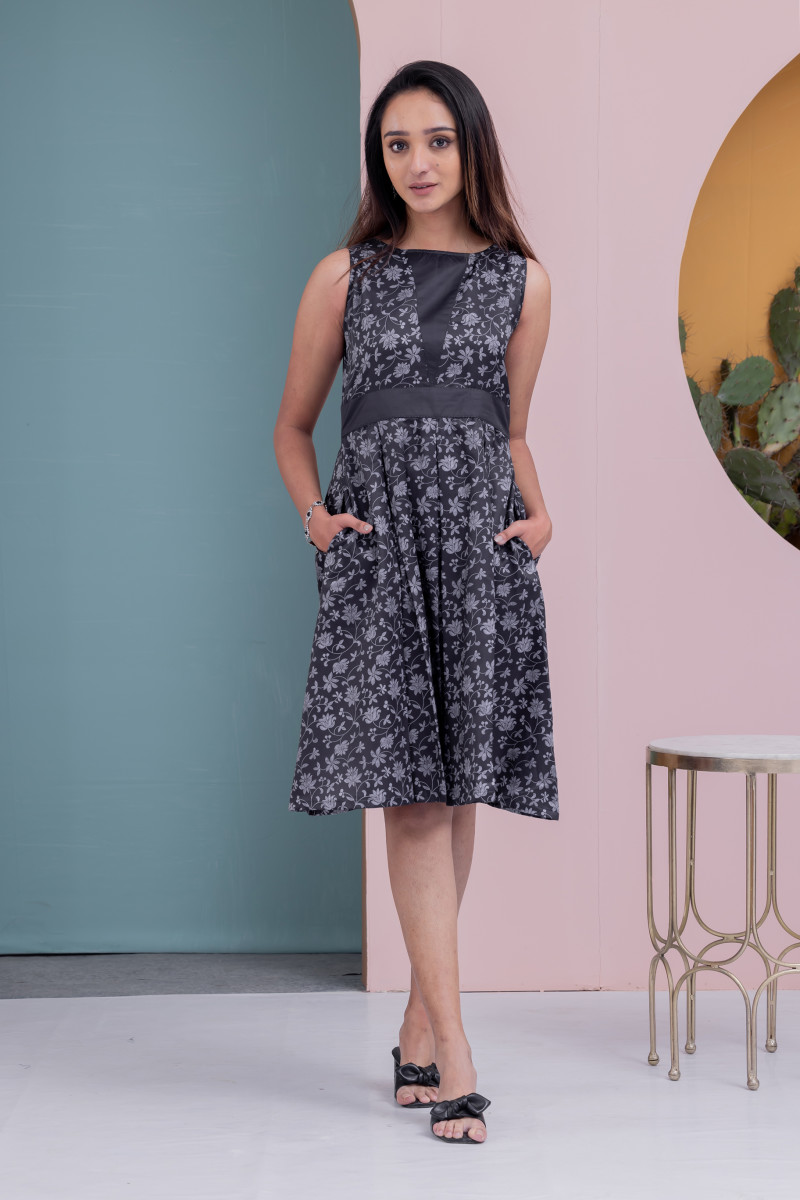 Black Satin Muslin Floral Dress With Boat Neck