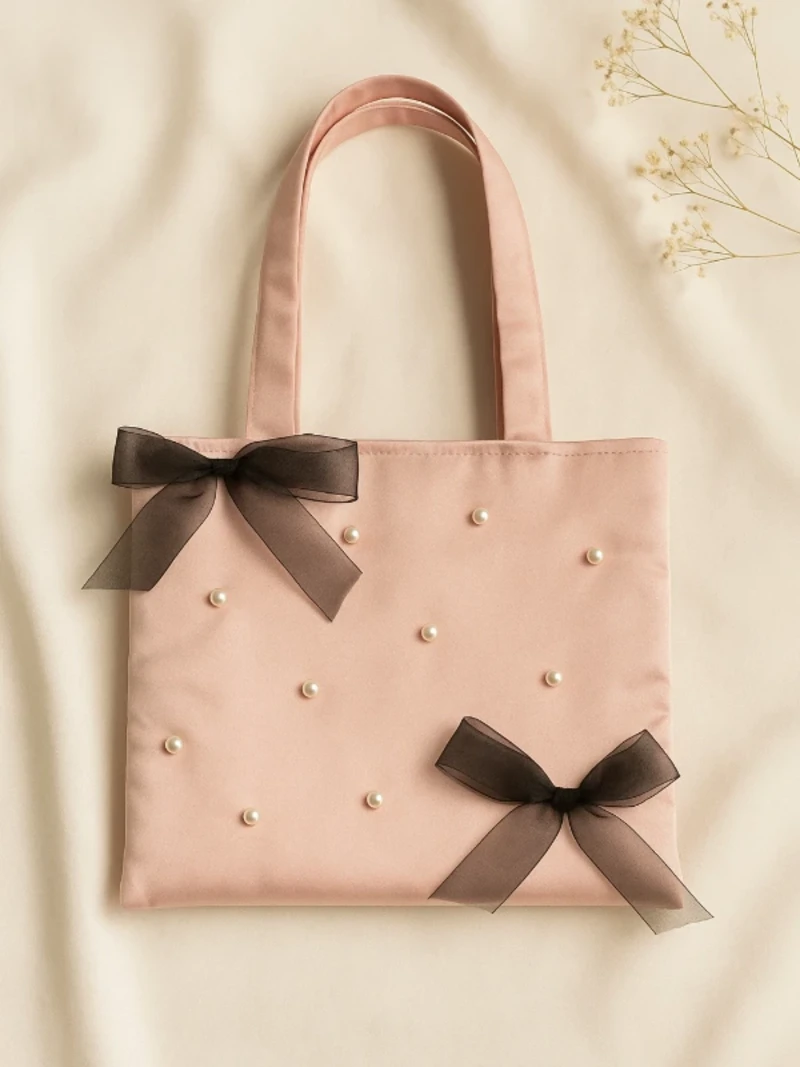 Pink Tote Bag with Pearl and Bow Details