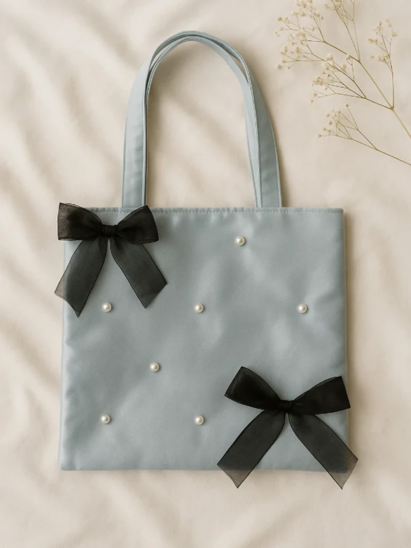 Blue Tote Bag with Pearl and Bow Details