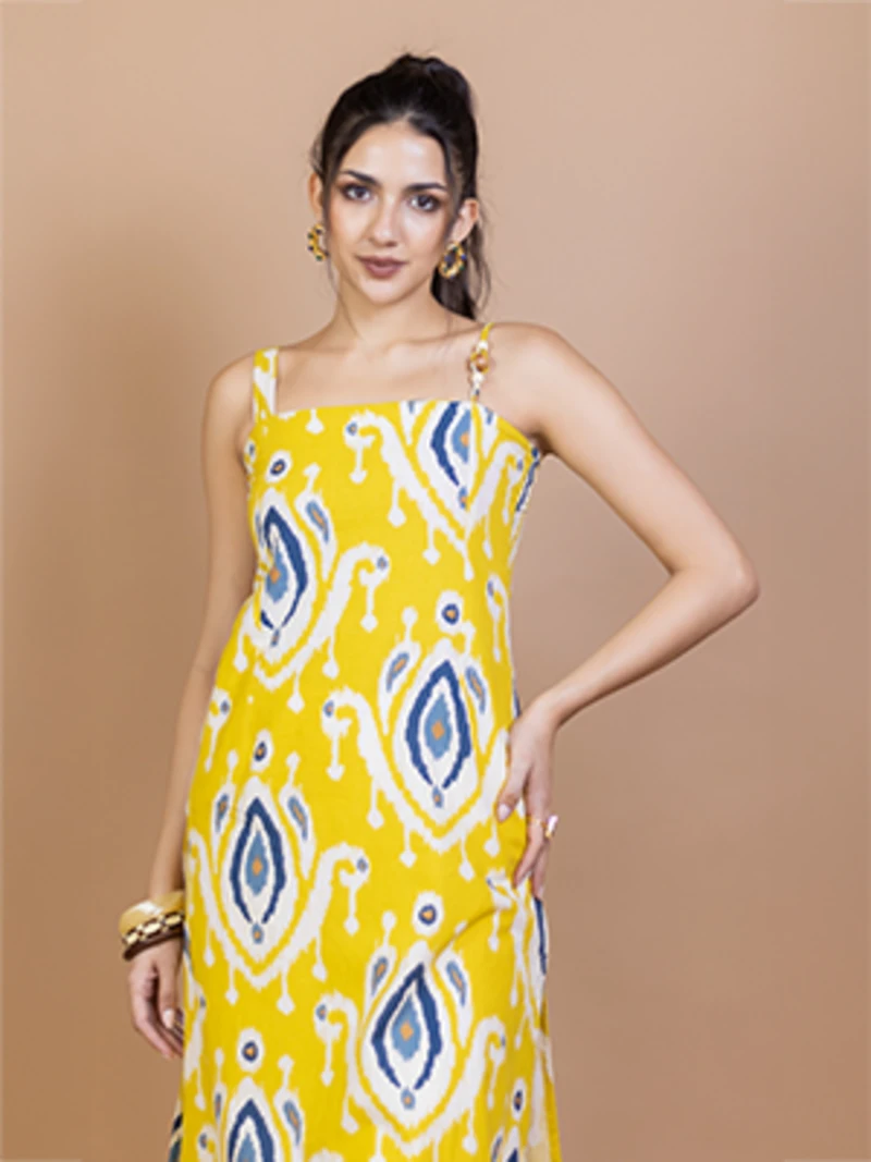 Yellow Ikat Cotton Straight Kurta