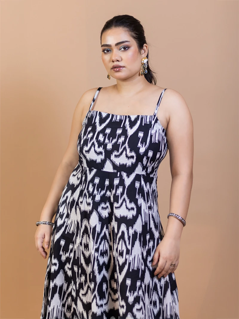 Black Ikat Cotton Fit and Flare Maxi Dress