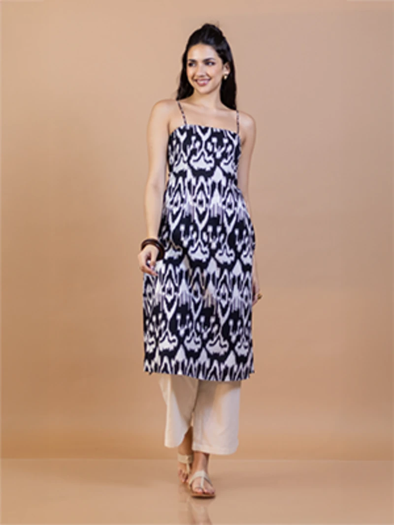 Black Ikat Cotton Spaghetti Strap Kurta