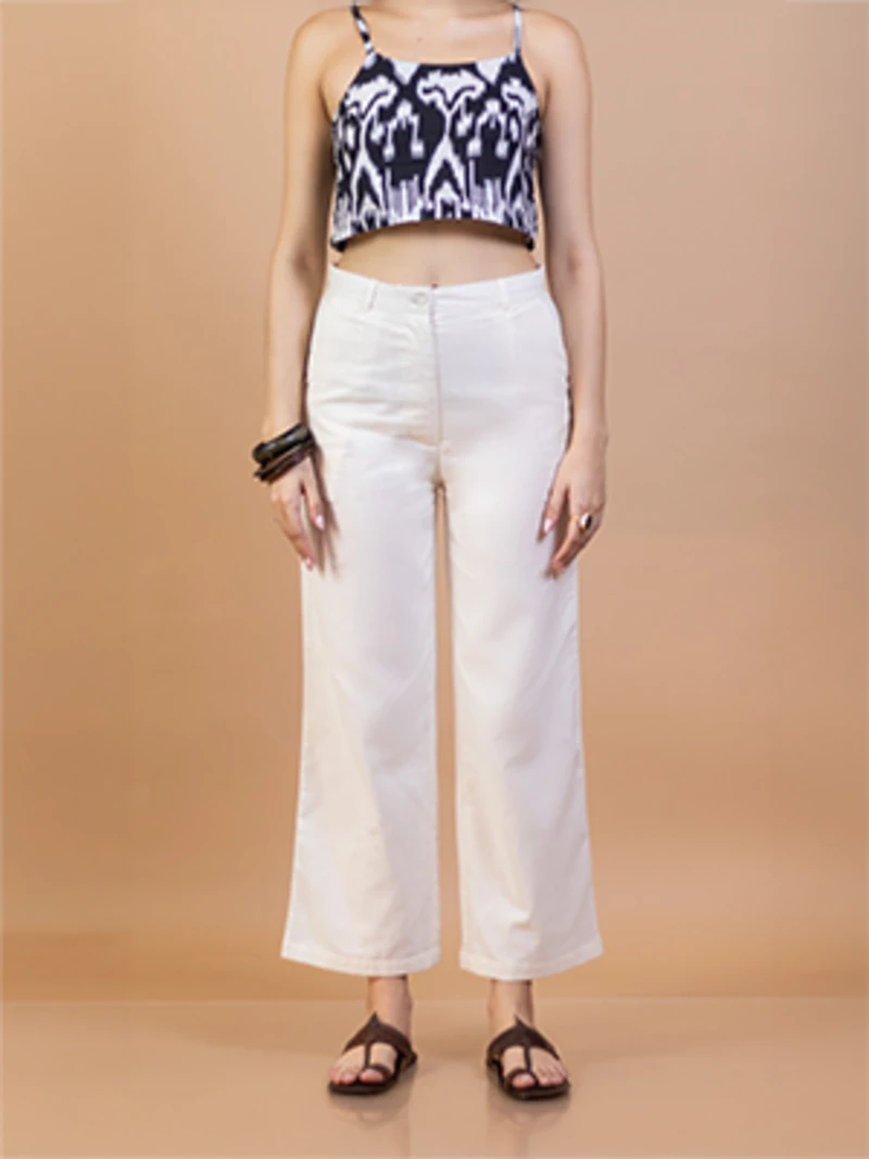 Off White Cotton Straight Fit Pants