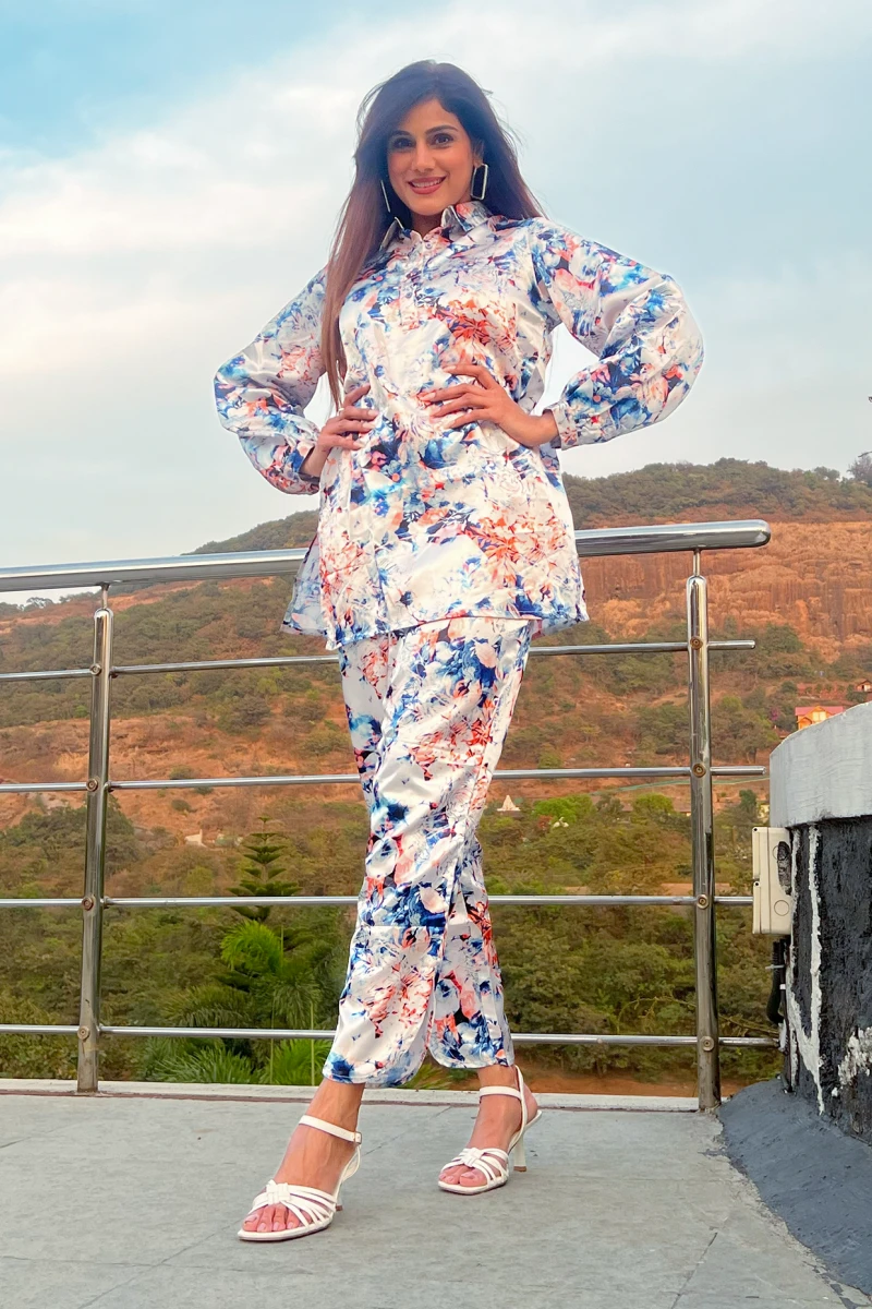 White Ultra Satin Coord Set With Abstract Print And Collar Neck