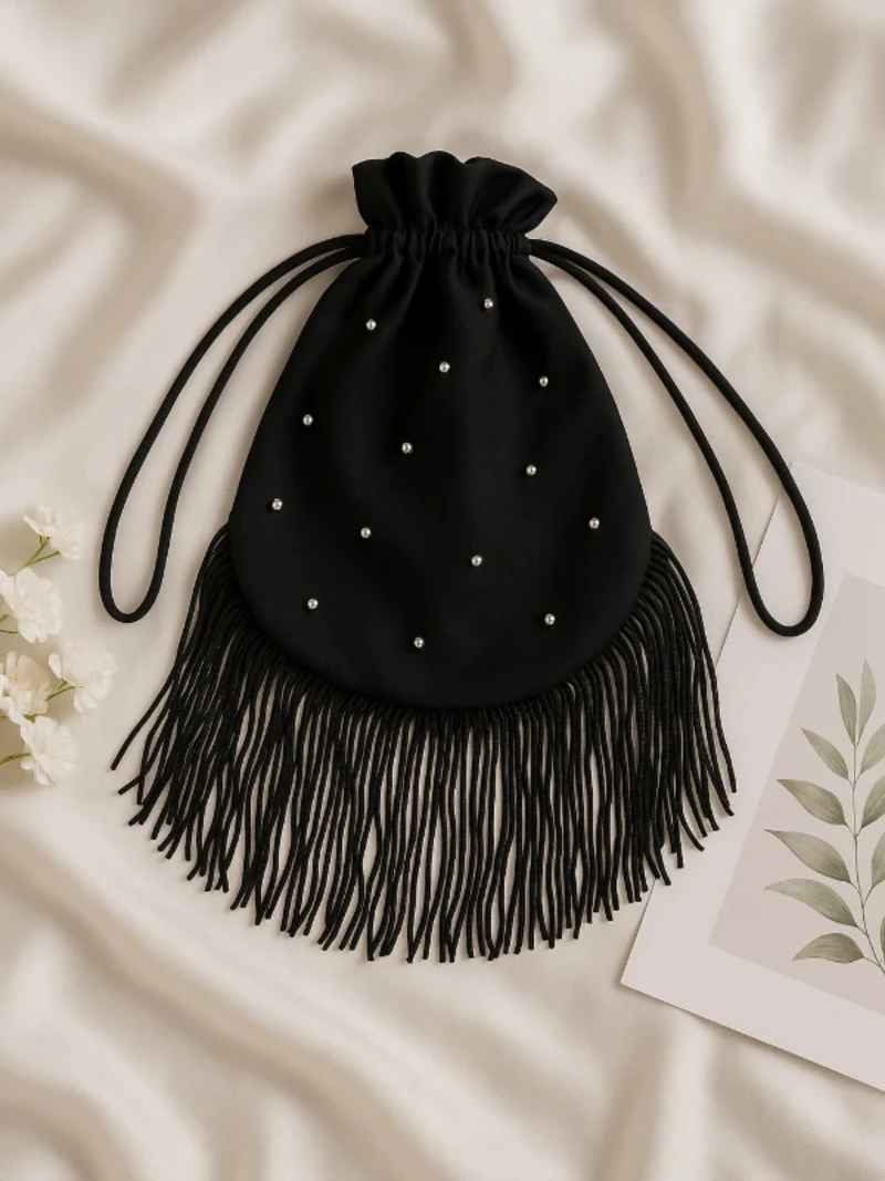 Black Pearl Potli Bag with Fringe