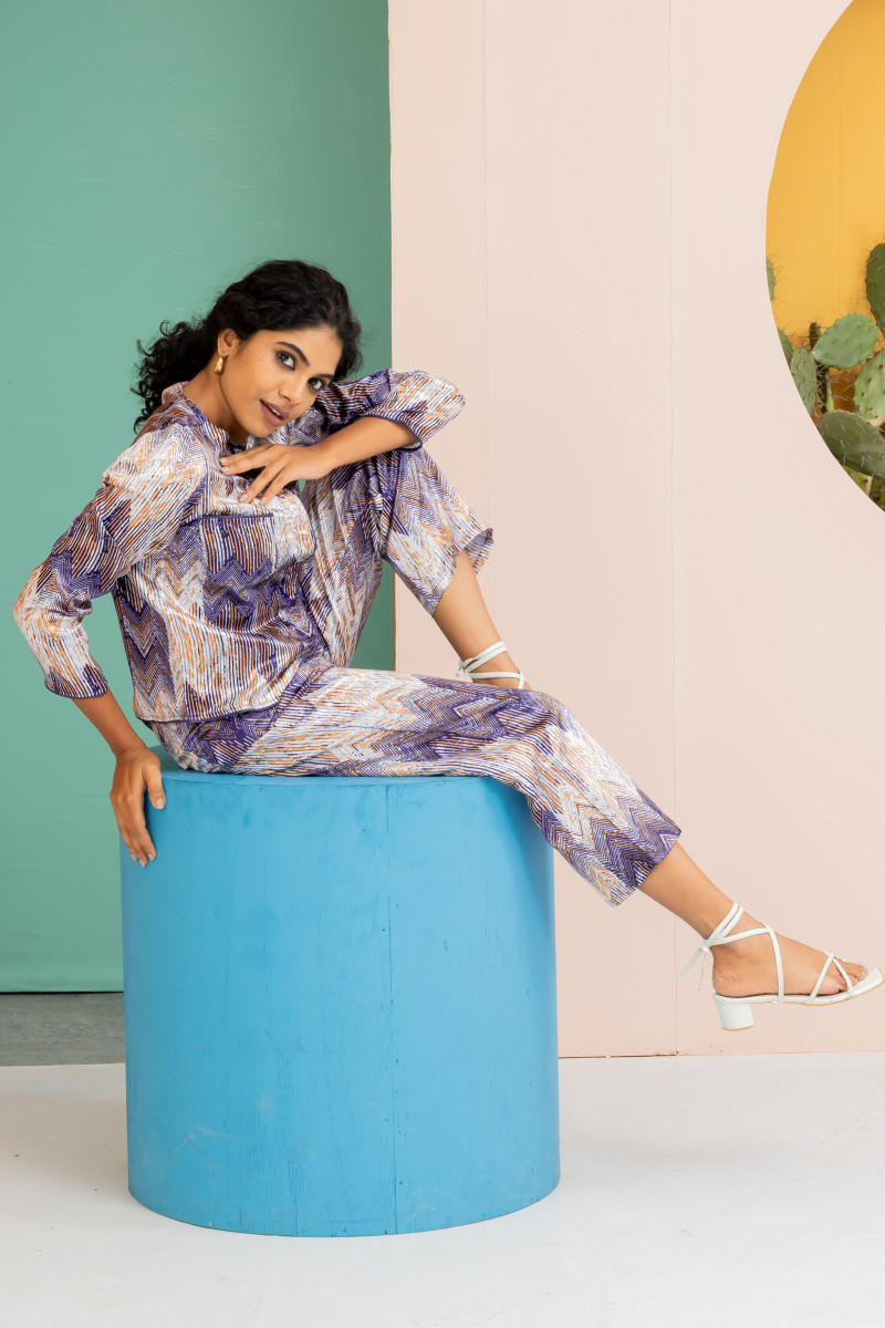 White And Blue Ultra Satin Coord Set With Abstract Print